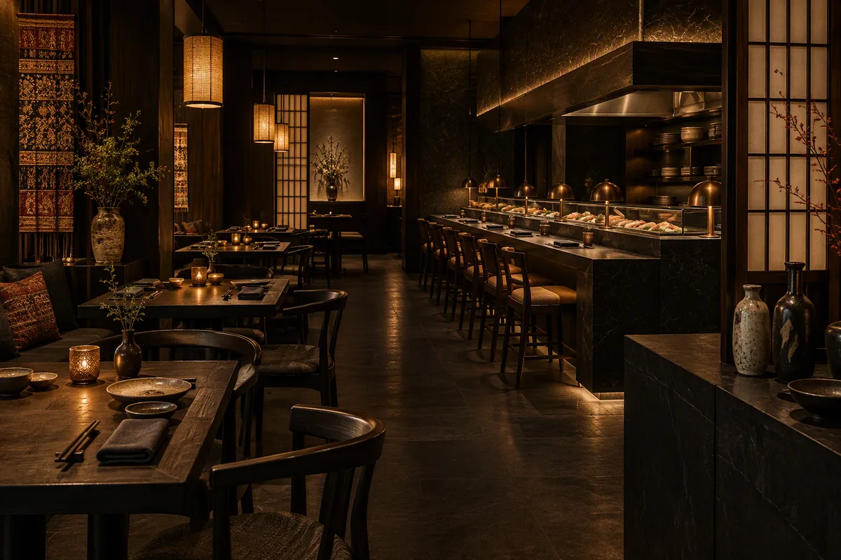 The dark, warmly lit dining room and bar at MISO in Maitama