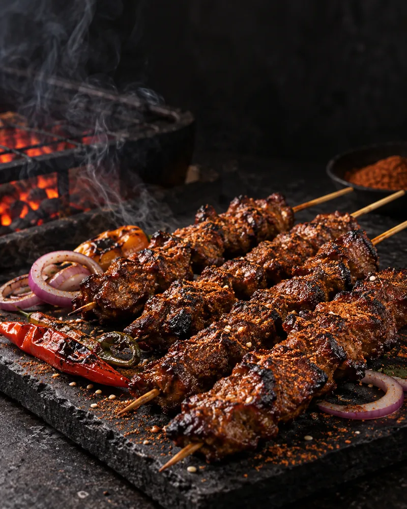 Suya skewers grilled over charcoal and dusted with yaji spice