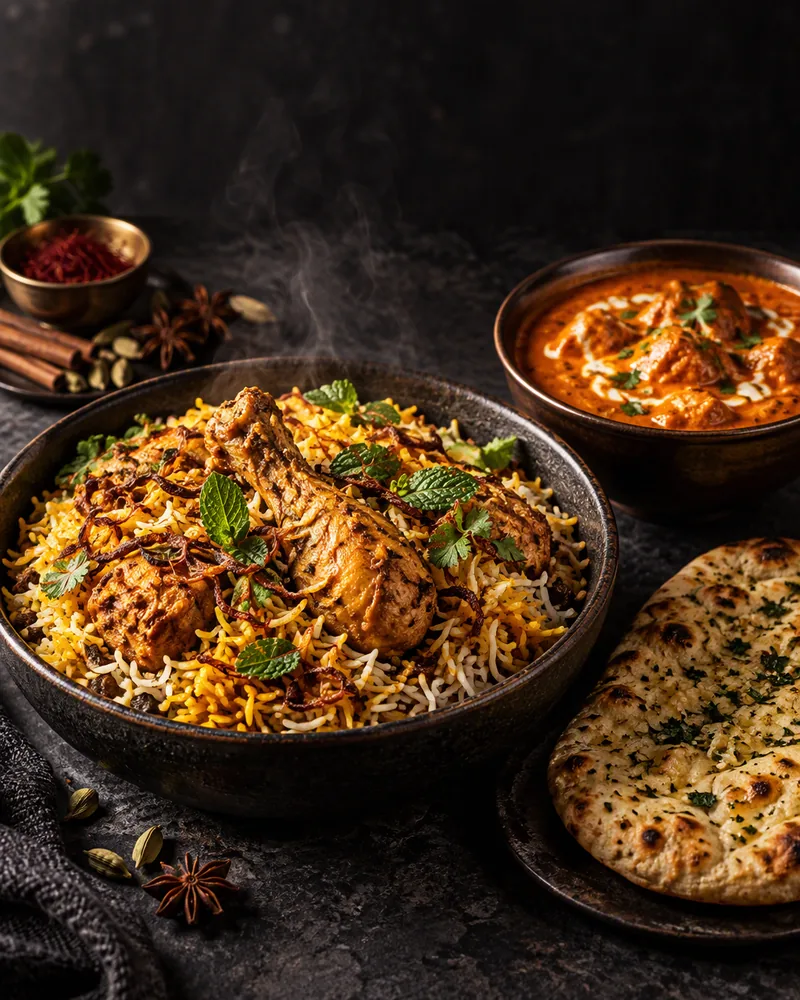 Chicken biryani with butter chicken and naan on a dark table
