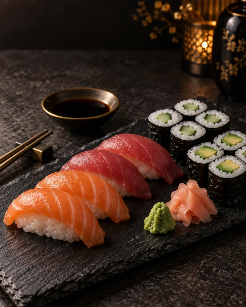 Salmon nigiri and maki rolls close up on a dark platter