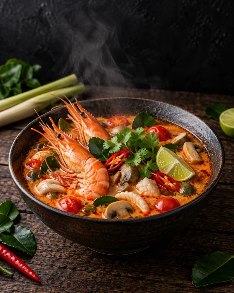A close view of tom yum seafood soup with prawns and chilli